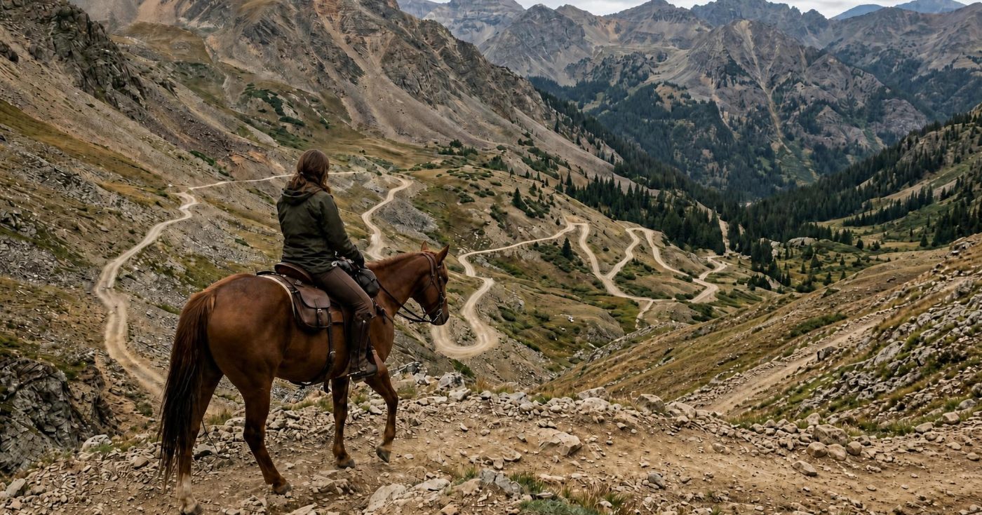 Horseback rider overlooking winding mountain trails during the final weeks of Florida Bar Exam preparation.