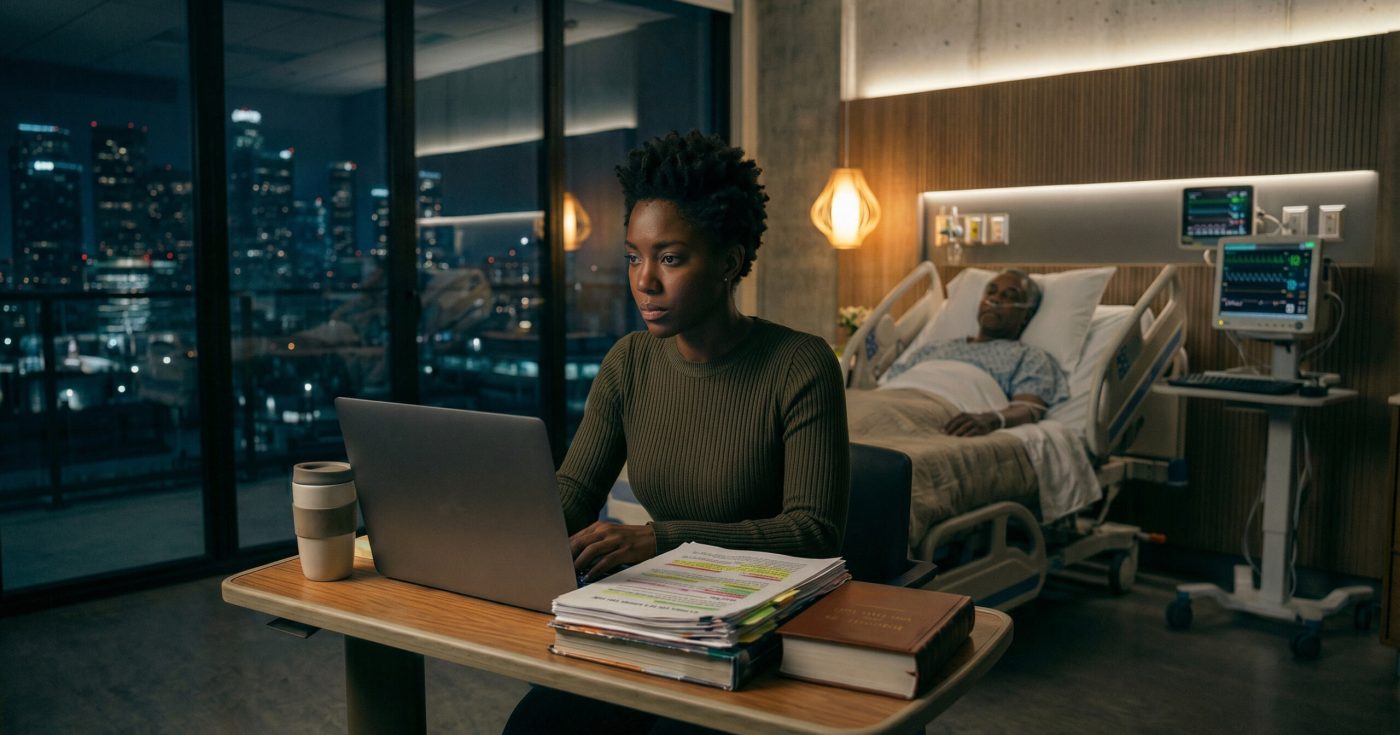 Law student studying late at night in a hospital room while a parent rests in a hospital bed behind her, representing maintaining focus during personal hardship and bar exam preparation.