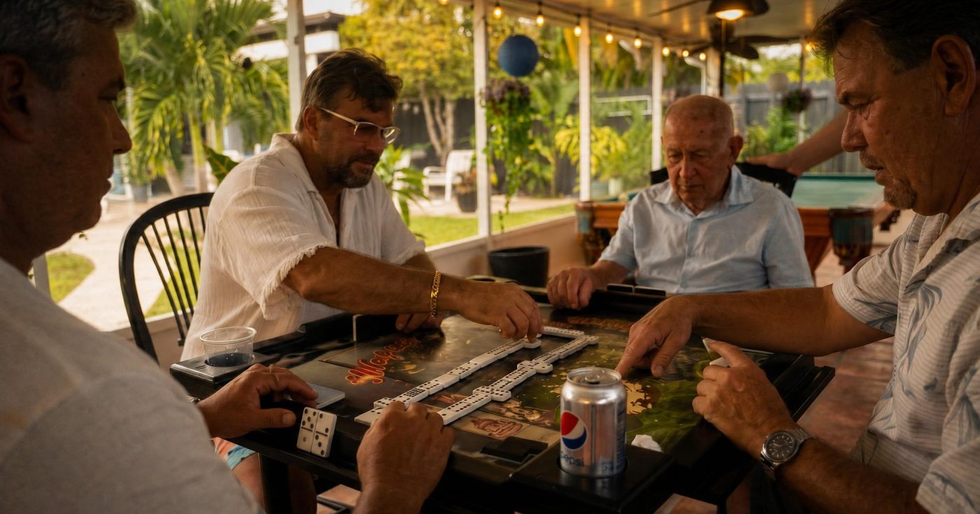 Men playing dominoes around a table in a South Florida patio during golden hour, illustrating strategic decision-making and prioritization under limited options.