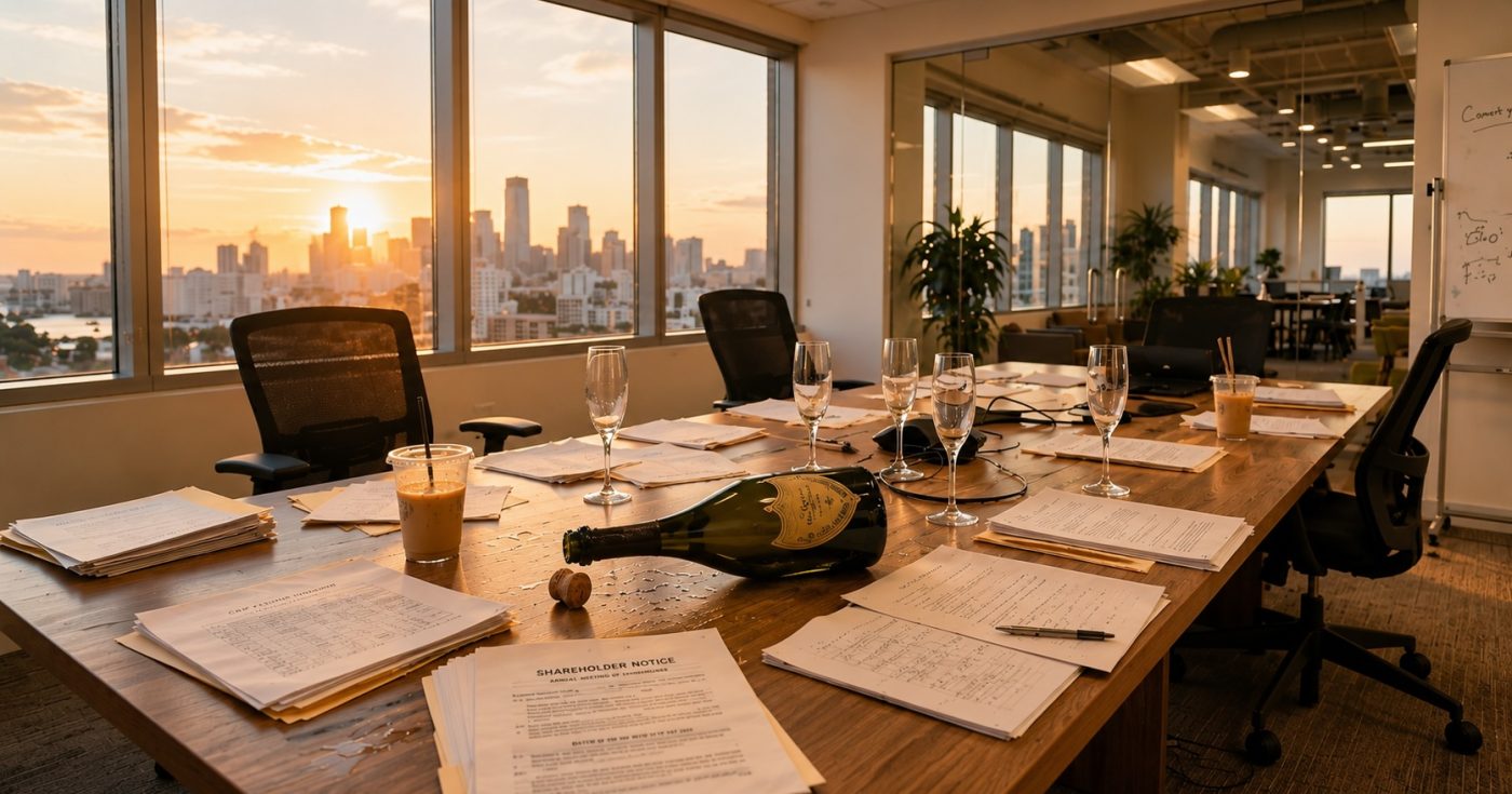 Modern Miami startup conference room after a shareholder meeting with a toppled champagne bottle, corporate documents, and city skyline at sunset symbolizing startup ambition and governance collapse.