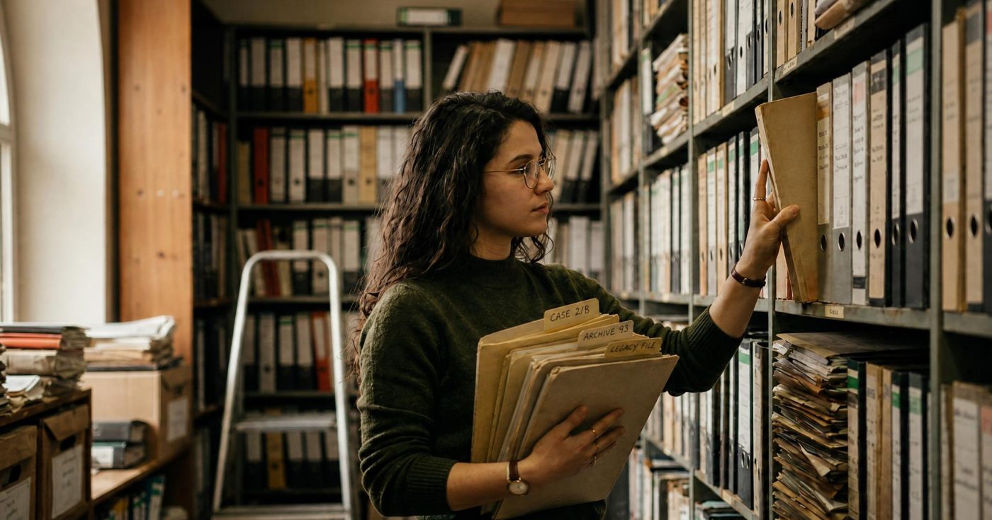 Law student reviewing archived legal files while selecting official Florida Bar Exam essays to practice before the July 2026 exam.