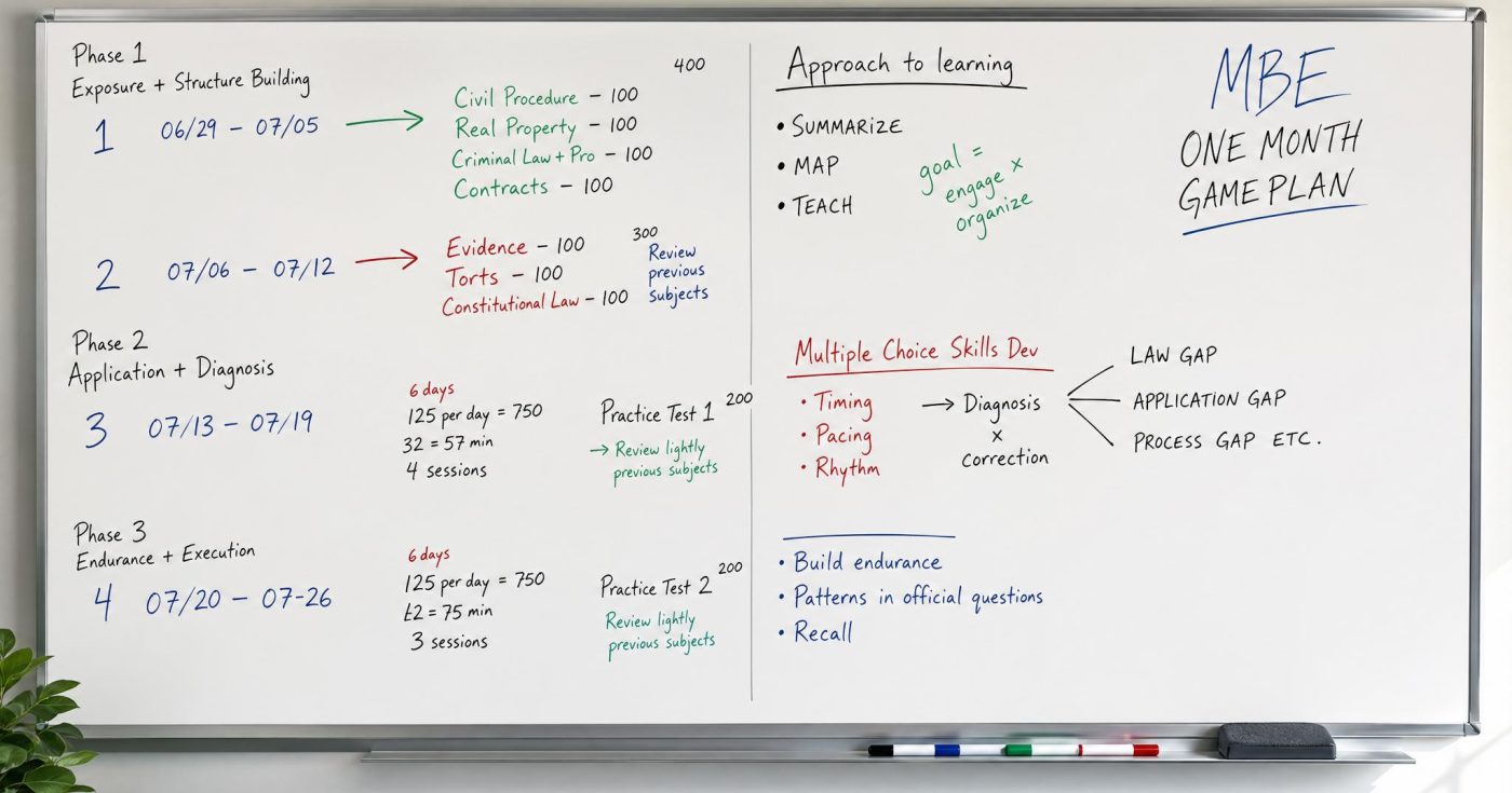 Whiteboard outlining a one-month MBE study plan with three phases: Exposure and Structure Building, Application and Diagnosis, and Endurance and Execution, including subject priorities, active learning strategies, practice question goals, and performance gap analysis.