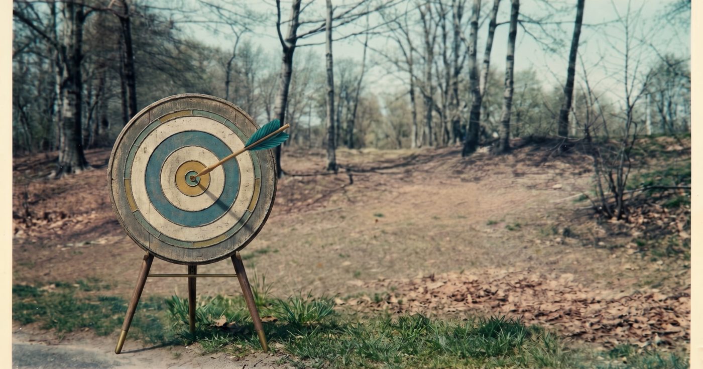 Vintage target with an arrow near the bullseye, symbolizing strategic study priorities for heavily tested Evidence and Torts topics on the MBE.