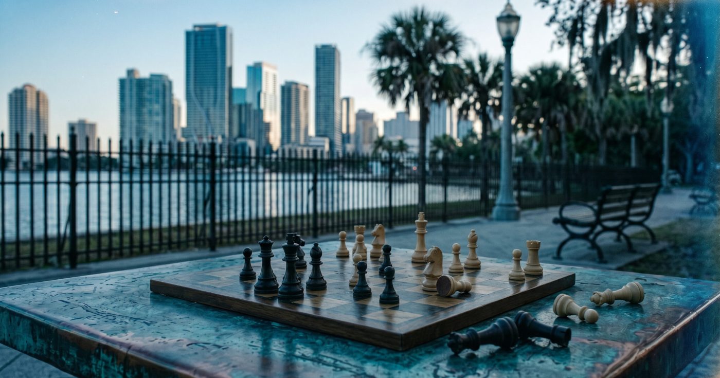 Chessboard in a city park with captured pieces beside the board, symbolizing strategic prioritization and decision-making when preparing for the MBE with limited study time.